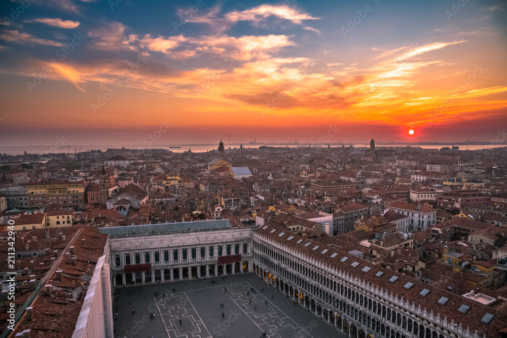 Aerial panorama of Venice at sunset,Italy