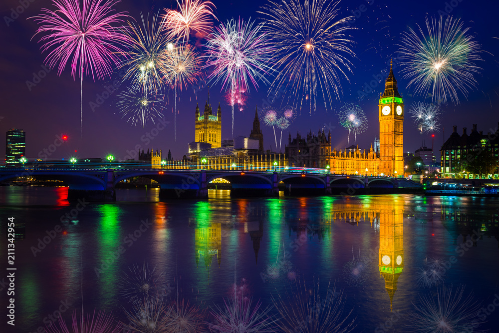 Fireworks show at Big Ben and the Palace of Westminster 