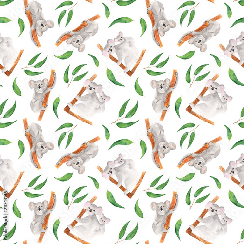 Watercolor pattern with koala and eucalyptus leaves. Seamless texture for wallpaper, zoo cards, baby shower, fabric, textiles.