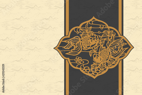 Oriental Retro Background, Landscape Texture, Golden Fishes Element, Package Cover Template 