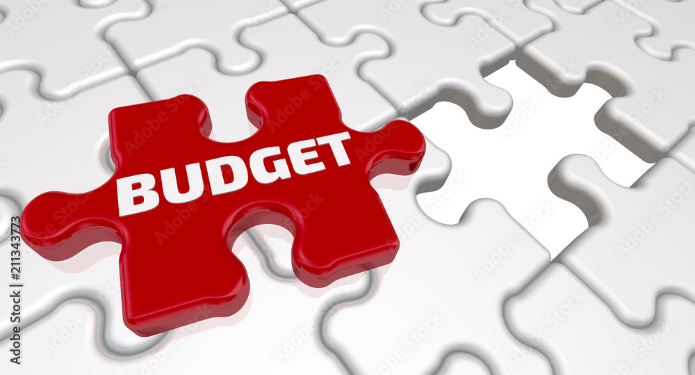 Budget. The inscription on the missing element of the puzzle. Folded white puzzles elements and one red with white word BUDGET. 3D Illustration Budget. The inscription on the missing element of the puzzle. Folded white puzzles elements and one red with white word BUDGET. 3D Illustration