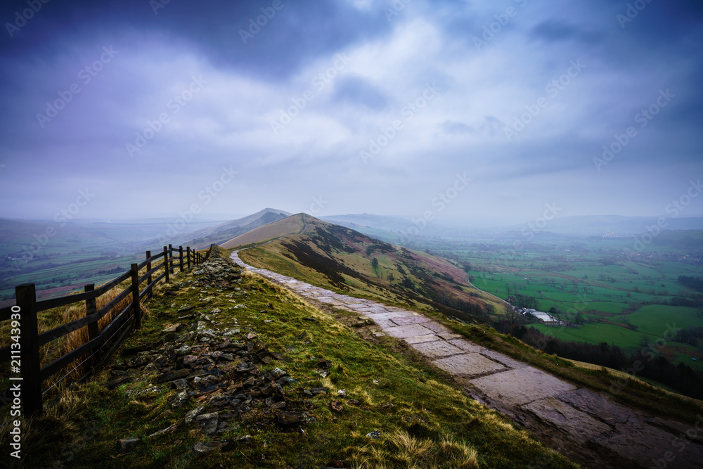 Mam Tor mountain in Peak District with morning myst 