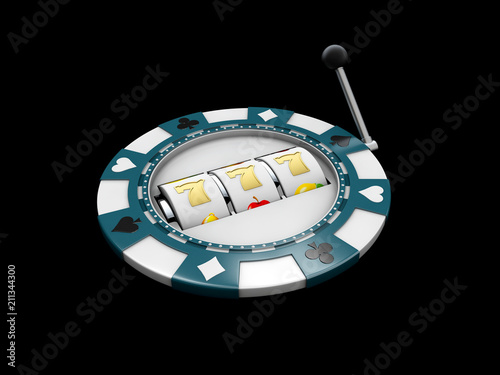 Slot machine with lucky sevens jackpot on the casino chip. 3d illustration isolated black photo