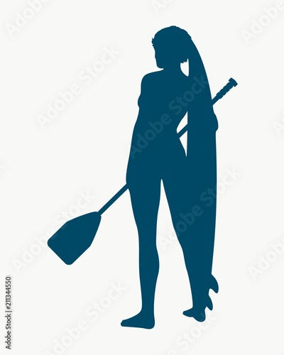 Woman posing with surfboard and paddle. Vintage surfing graphic and emblem for web design or print. Stand up paddle boarding