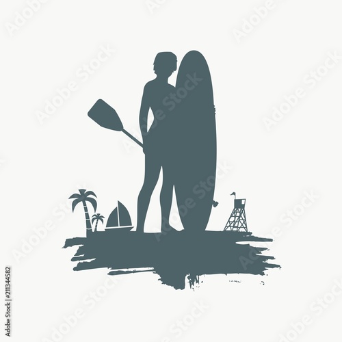 Woman posing with surfboard and paddle on grunge brush stroke. Vintage surfing graphic and emblem for web design or print. Palm and lifeguard tower on backdrop. Stand up paddle boarding