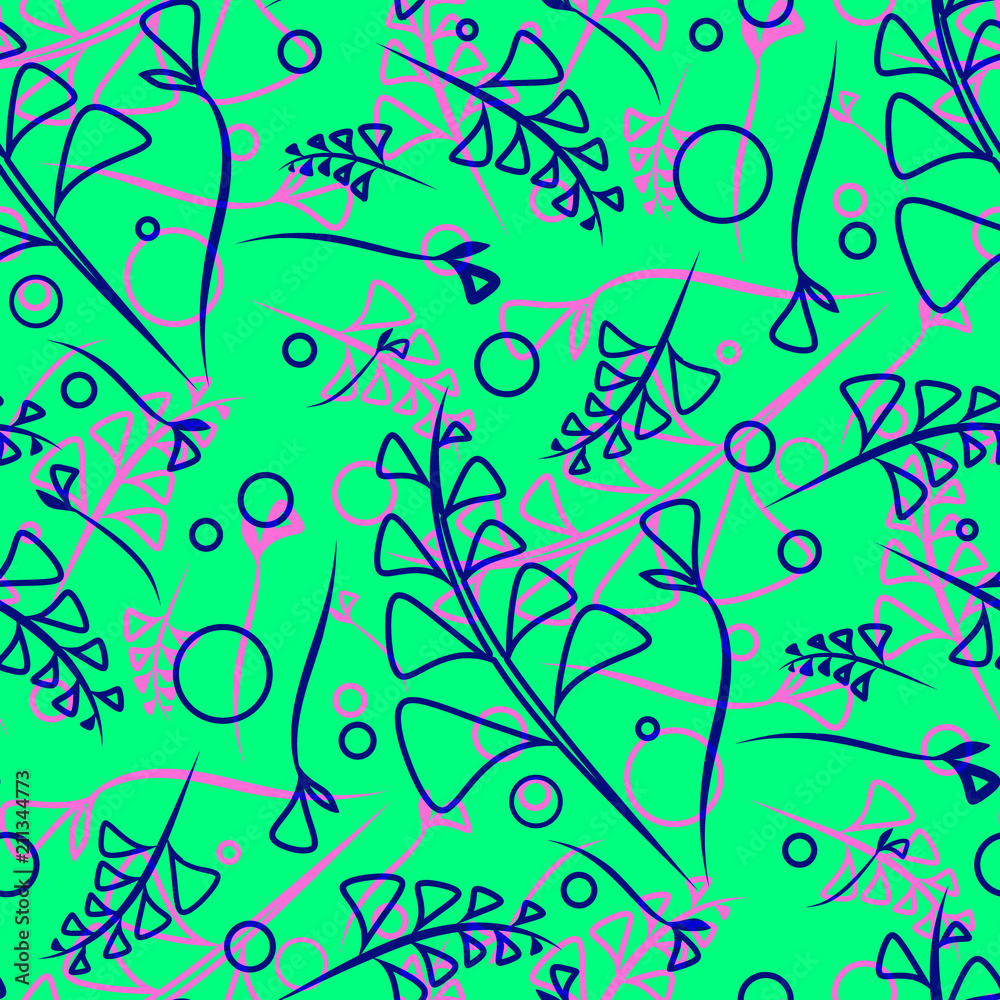 Vector pattern of plant cobalt and violet stems and elements on a mint background in a natural style. Vector pattern of plant cobalt and violet stems and elements on a mint background in a natural style.