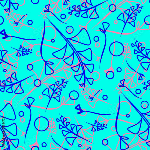 Vector pattern from a plant blue and pink stems and elements on a blue background in a natural style.