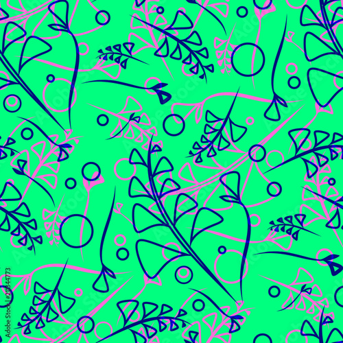 Vector pattern of plant cobalt and violet stems and elements on a mint background in a natural style.