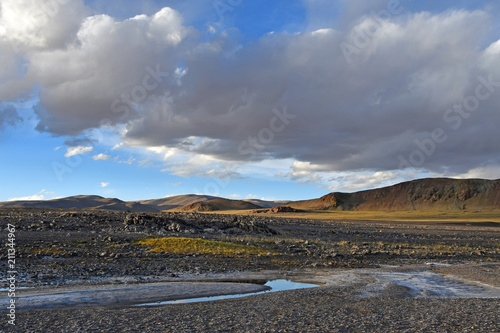 Western Tibet. Store of Sacred lake Dangra  Dang Ra Gyu Tso  in summer evening in cloudy weather