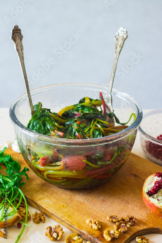 Cooked boiled beetroot leaves and sprouts as part of Georgian traditional food meal pkhali. Cooked as appetizer. Vegan vegetarian healthy food. photo