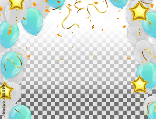 Blue and white helium balloons on transparent background. Flying latex ballons. Vector illustration.