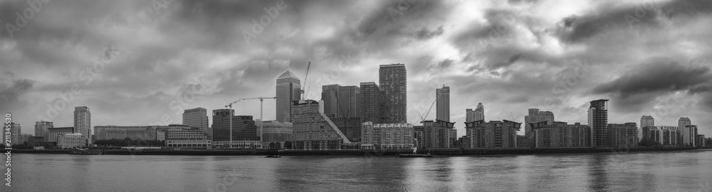 Panorama of Canary Wharf in black & white, London, UK