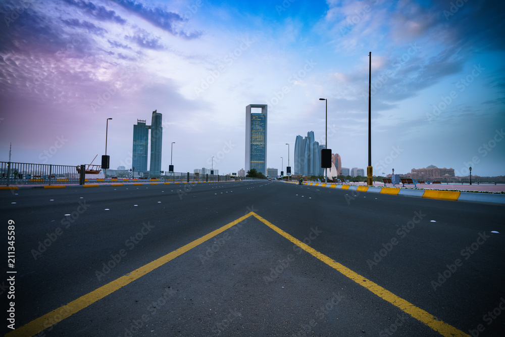18th street in Abu Dhabi with skyscrapers in the background, UAE 18th street in Abu Dhabi with skyscrapers in the background, UAE