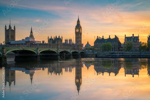 Big Ben and Westminster Palace at beautiful sunset in London UK