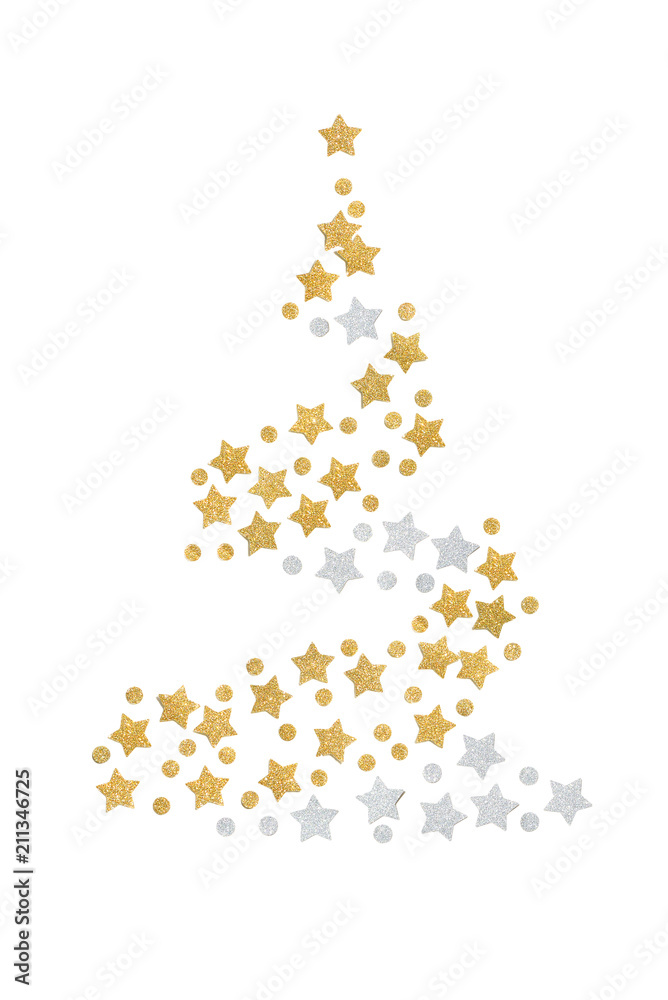 Gold and silver glitter christmas tree paper cut on white background - isolated