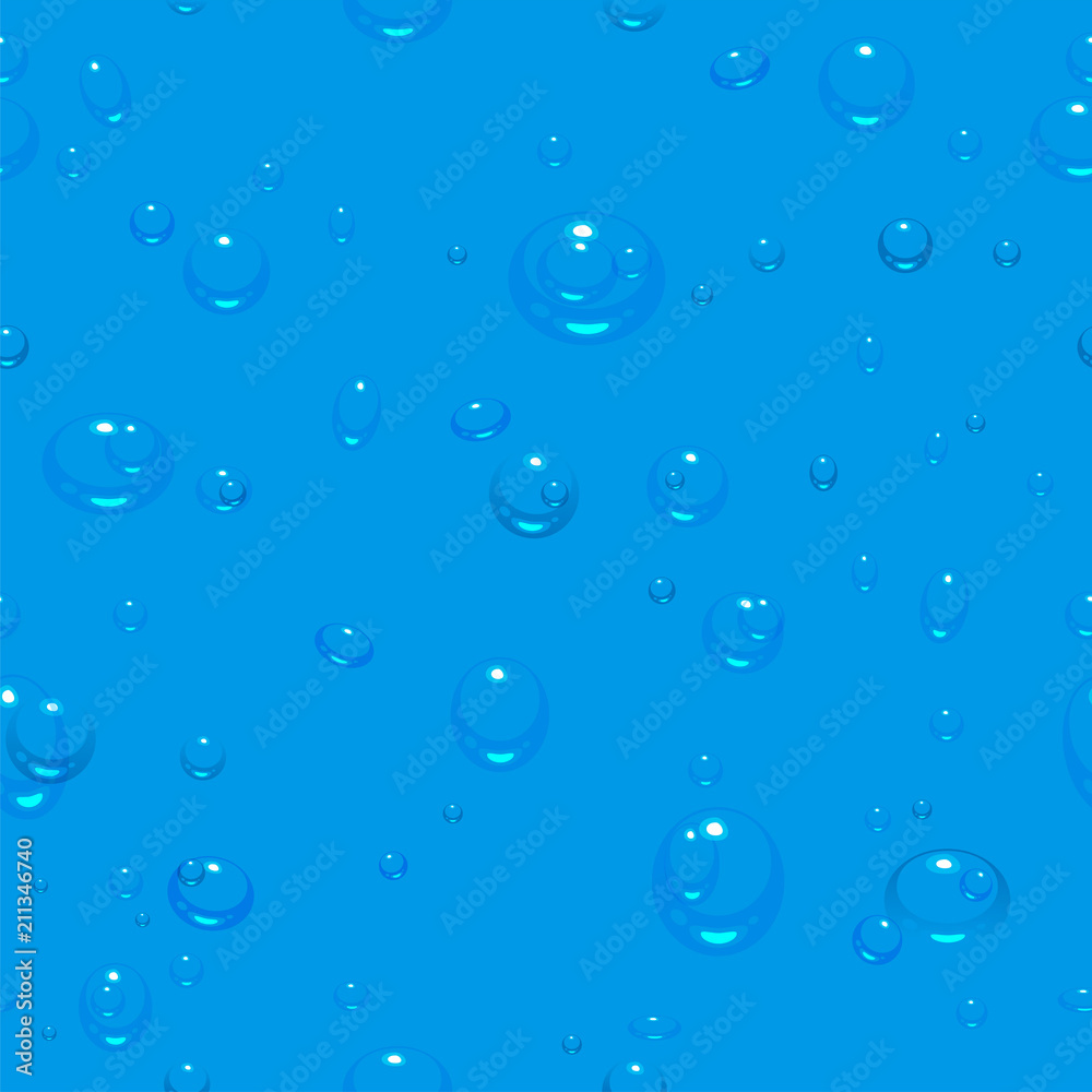 Carbonated water drops of dew. Blue seamless background
