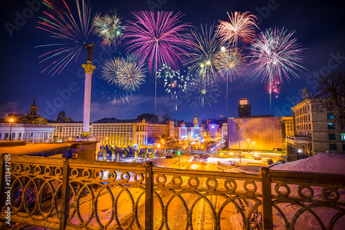 Firework display at Independence square in Kiev, Ukraine  photo