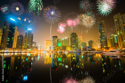Photography Firework display at Dubai marina at night, UAE