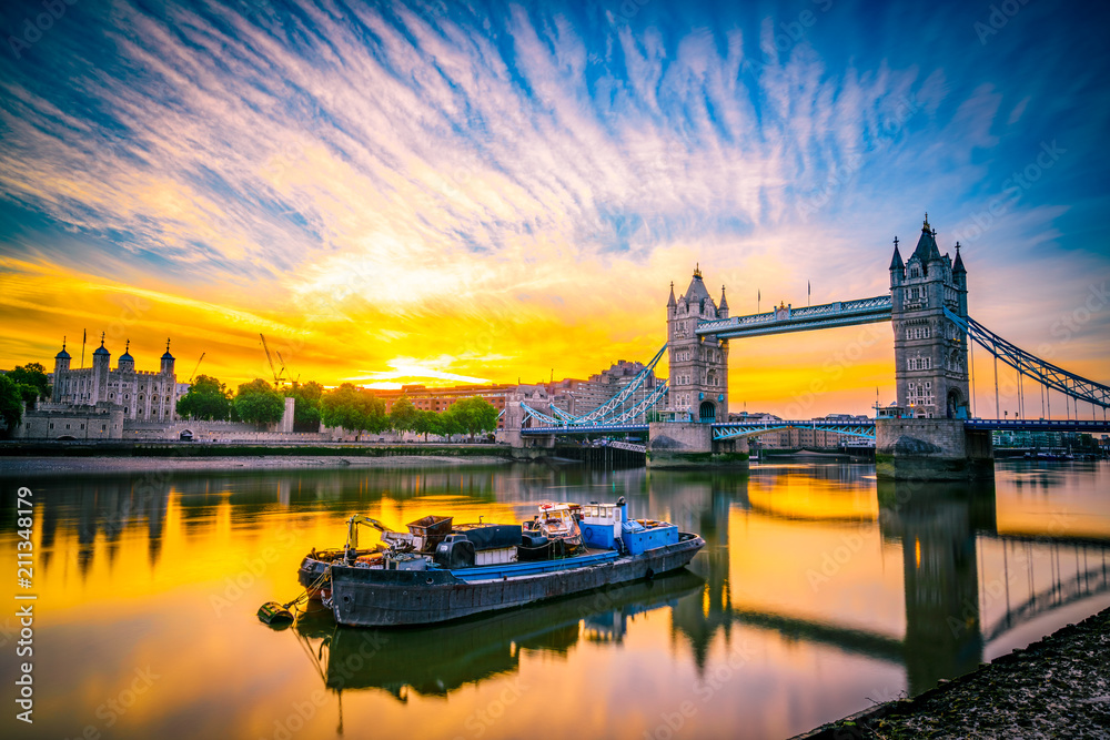 Tower Bridge at sunrise in London, England  