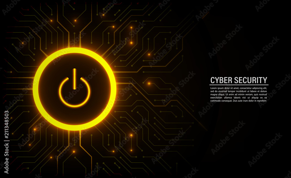 Cyber security concept. Power button on technology background.