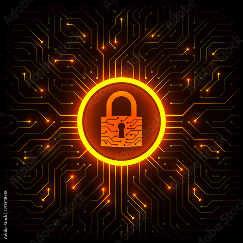 Abstract technology background. Cyber security concept. Closed padlock on digital circuit board vector illustration.