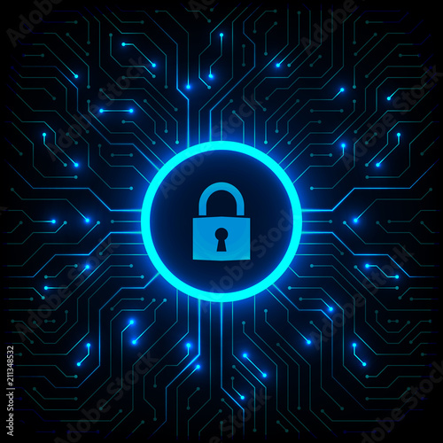Abstract technology background. Cyber security concept. Closed padlock on digital circuit board vector illustration.