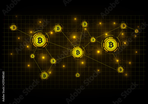 Abstract technology, Bitcoin crypto currency, Futuristic digital, World map background, Vector illustration