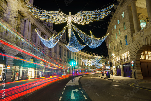 Regent Street with light trails and christmas decoration, central London