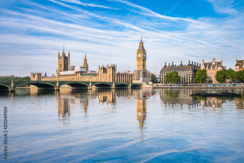 Big Ben and Westminster parliament with blue sky and water reflection