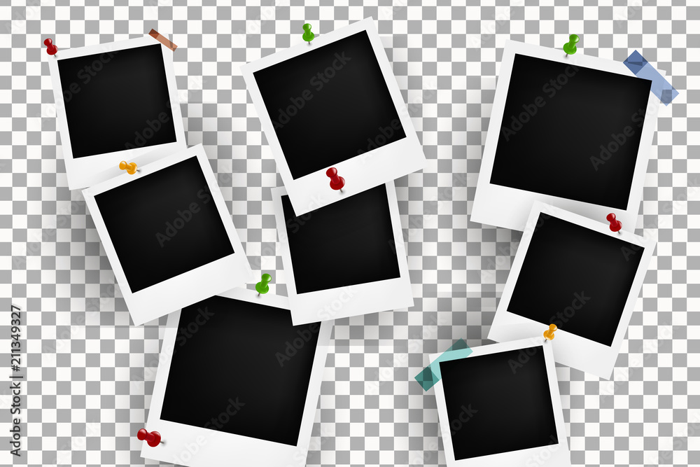 Collection of instant photo isolated on transparent background. Instant retro photo frame with pushpin over transparent background Collection of instant photo isolated on transparent background. Instant retro photo frame with pushpin over transparent background