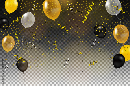 Set of gold, black, yellow, white helium ball isolated in the air