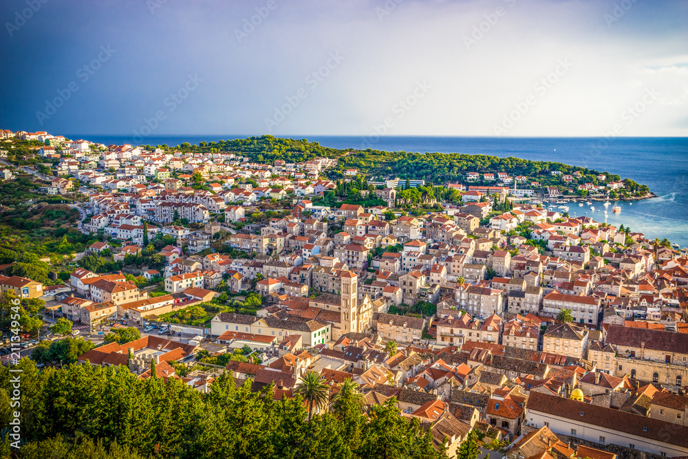 Fototapeta premium Aerial view of Hvar in Croatia - focus on the center 