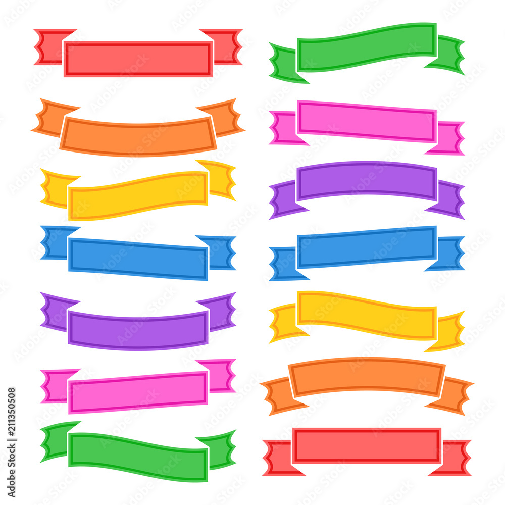 Set of colored curved isolated ribbons banners on white background. Simple flat vector illustration. With space for text. Suitable for infographics, design, advertising, holidays, labels.
