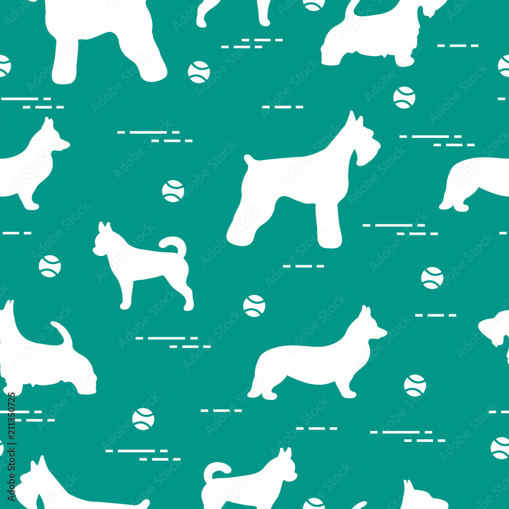 Seamless pattern with dogs and tennis balls.