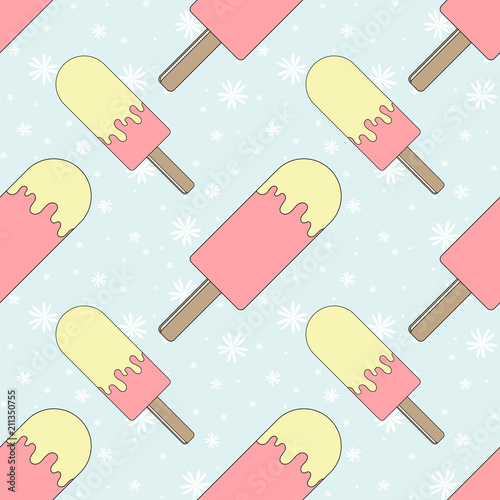 Color seamless pattern of delicious melting ice cream on a blue background. Simple flat vector illustration. Suitable for Wallpaper, fabric, wrapping paper, covers.