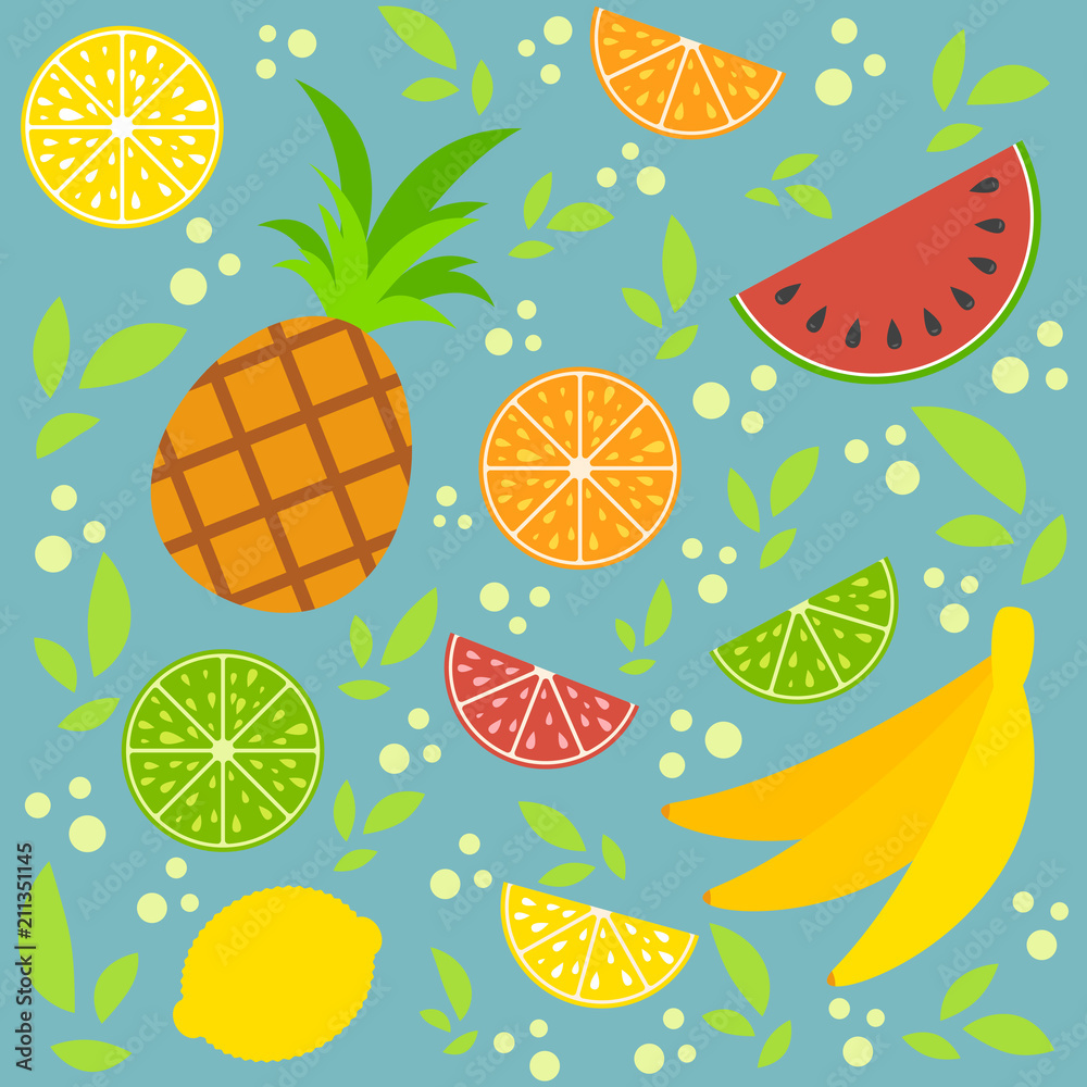 A set of colored isolated halves and whole mouth-watering fruits. Juicy, bright tropical food. Lime, lemon, grapefruit, orange, bananas, pineapple, watermelon. Simple flat vector illustration.
