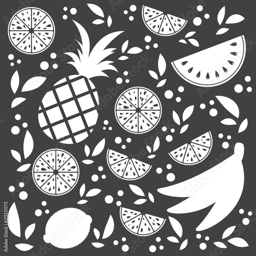 Set of white silhouettes of isolated apetitic fruits on a black background. Juicy  delicious tropical food. Simple flat vector illustration. Suitable for design of packages  postcards  advertising.