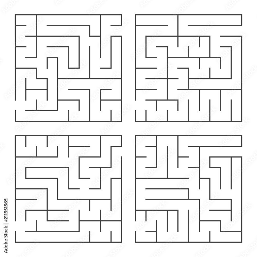A set of simple abstract square isolated labyrinths. An interesting and useful game for children and adults. Simple flat vector illustration.