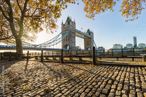 Tower bridge with autumn leaves and sun flare  London
