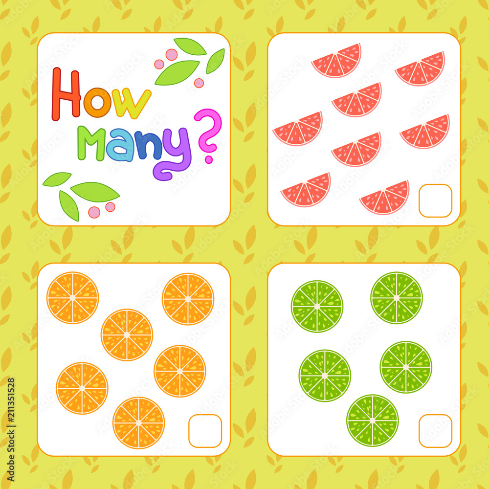 Game for preschool children. Count as many fruits in the picture and write down the result. Grapefruit, orange, lime. With a place for answers. Simple flat isolated vector illustration.