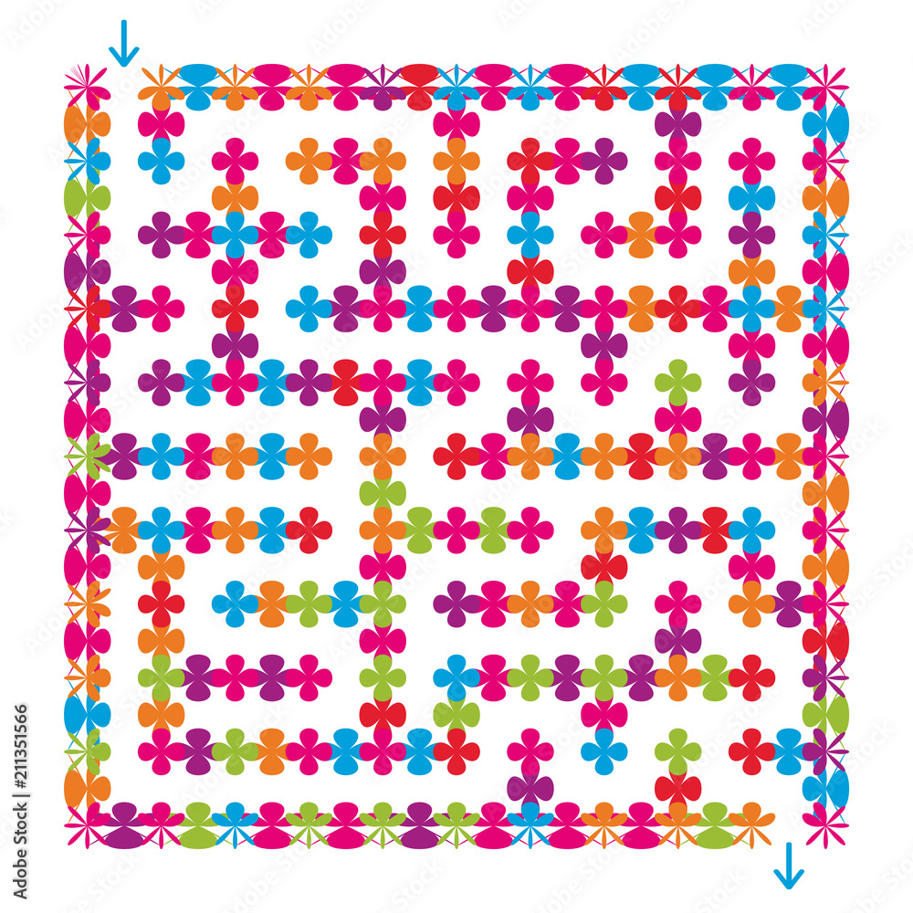 Abstract square isolated labyrinth of flowers on a white background. An interesting and useful game for children and adults. Simple flat vector illustration.