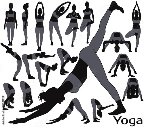 Silhouettes of woman in gray costume doing yoga.