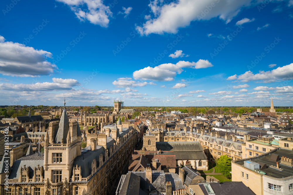 High angle view of the city of Cambridge, UK at beautiful sunny day