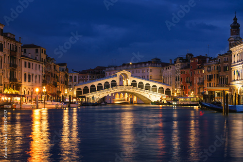 Rialto bridge and Garnd Canal at night in Venice  Italy