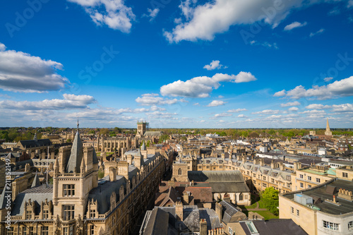 High angle view of the city of Cambridge, UK at beautiful sunny day