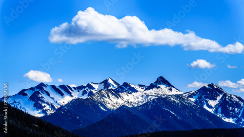 Rugged Peaks of the Cascade Mountain Range on the US-Canada border as seen from the Cascade Lookout viewpoint in EC Manning Provincial Park in British Columbia  Canada  