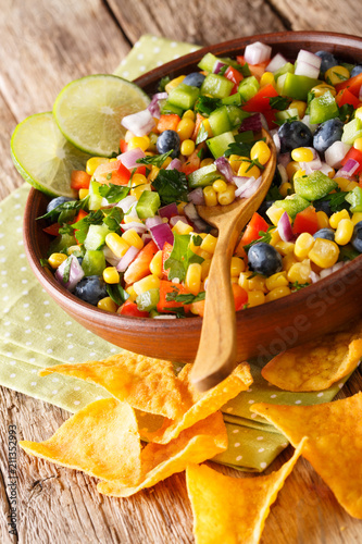 Spicy salsa from corn, blueberries, jalapeno pepper, bell pepper and onions is served with nachos close-up. vertical