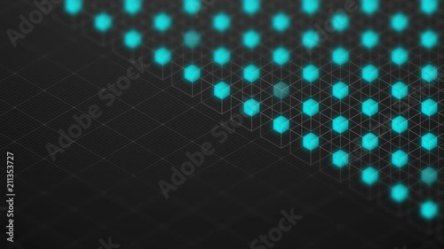 Abstract 3D isometric virtual wireframe cube box and blue core with square mesh pattern illustration, Blockchain technology concept design on black background, seamless looping animation 4K