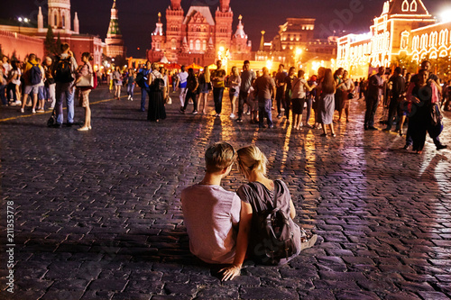 A couple of lovers on the Red Square in Moscow