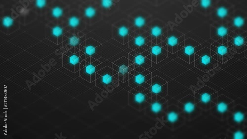 Abstract 3D isometric virtual wireframe cube box and blue core with square mesh pattern illustration, Blockchain technology concept design on black background, seamless looping animation 4K